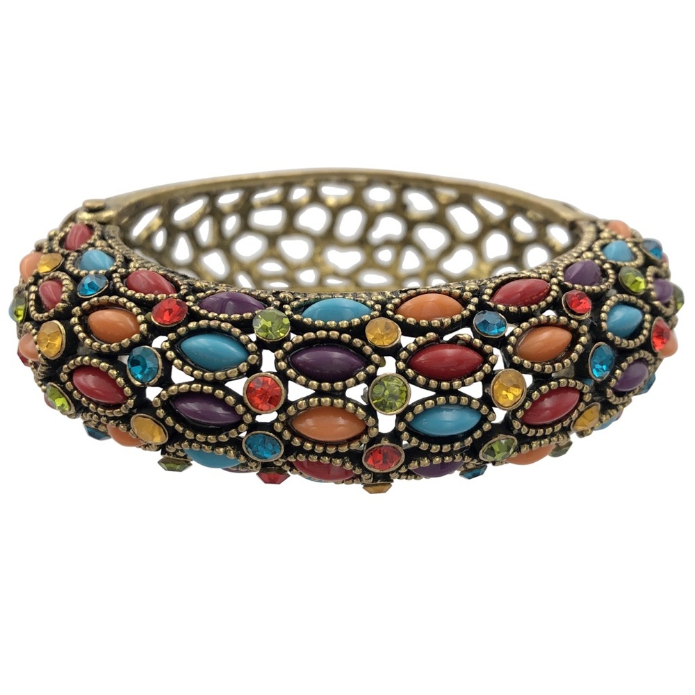 Multicolor Vintage Look Resin & Rhinestone Hinged Bangle Bracelet